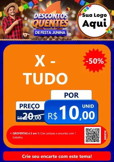 Modelo de Cartaz para Cartaz A4 Vertical com o tema Descontos Quentes de Festa Junina para Hamburgueria