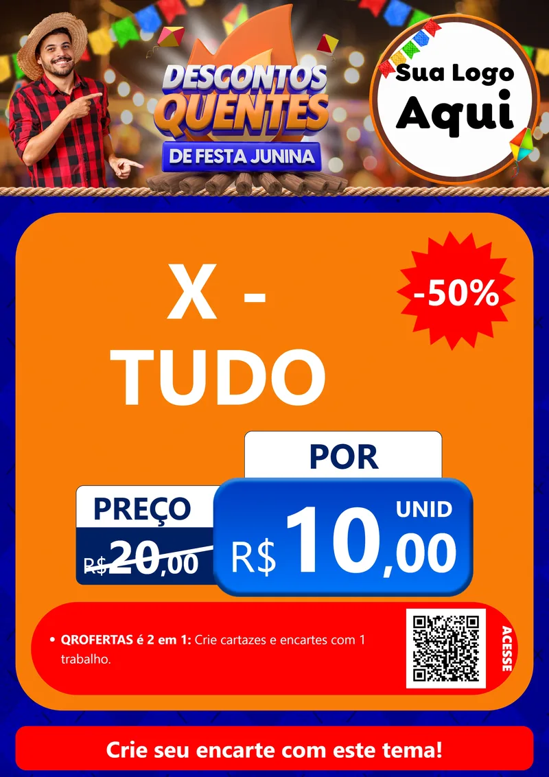 Modelo de Cartaz para Cartaz A4 Vertical com o tema Descontos Quentes de Festa Junina para Hamburgueria