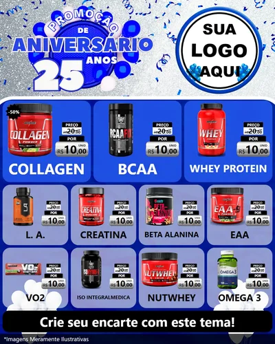 Modelo de Rede Social para Feed Instagram com o tema Promoção de Aniversário - 25 Anos para Suplementos alimentares