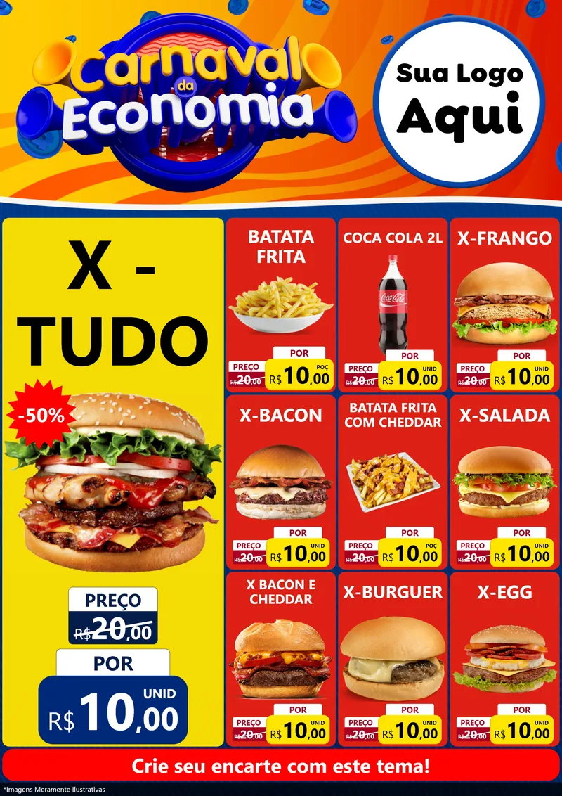 Modelo de Encarte para Encarte A4 Vertical com o tema Carnaval da Economia para Hamburgueria
