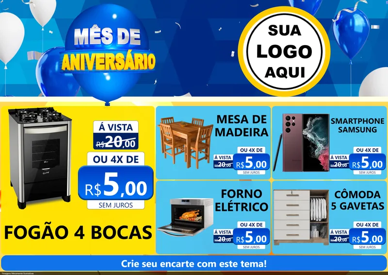 Modelo de Encarte para Encarte A4 Horizontal com o tema Mês de Aniversário para Móveis e Eletro