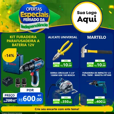 Modelo de Rede Social para Feed Facebook com o tema Ofertas Especiais Feriado da Independência para Maquinas e Ferramentas