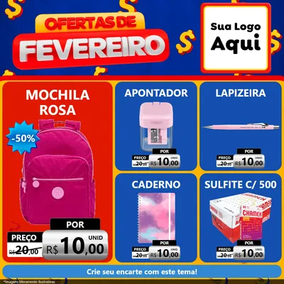 Modelo de Rede Social para Feed Facebook com o tema Ofertas de Fevereiro para Papelaria