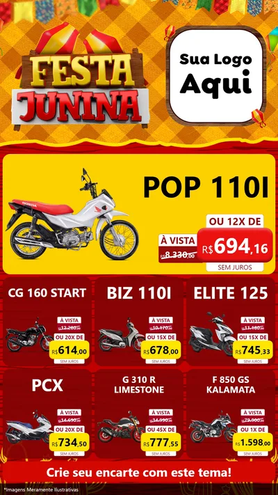 Modelo de Rede Social para Stories com o tema Festa Junina para Concessionaria de Motos