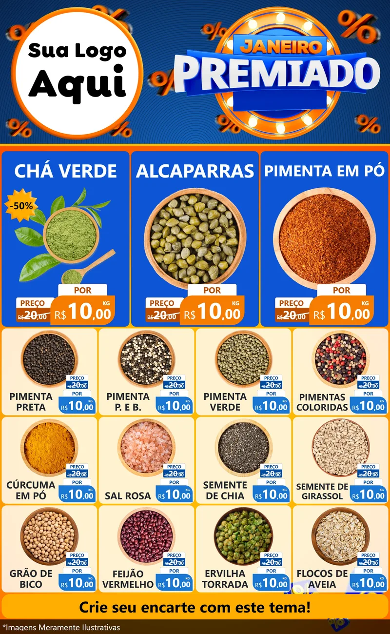 Modelo de Encarte para Encarte Grande com o tema Janeiro Premiado para Produtos Naturais