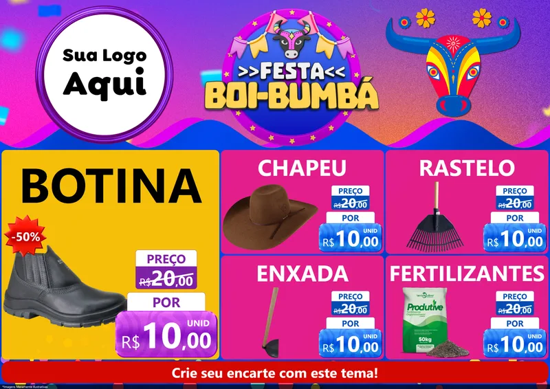 Modelo de Encarte para Encarte A4 Horizontal com o tema Festa Boi-Bumbá para Agropecuária
