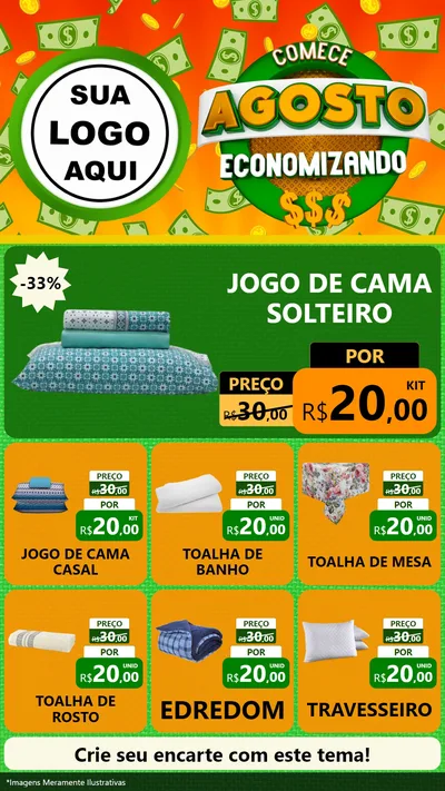 Modelo de Rede Social para Stories com o tema Comece Agosto Economizando para Cama, Mesa e Banho