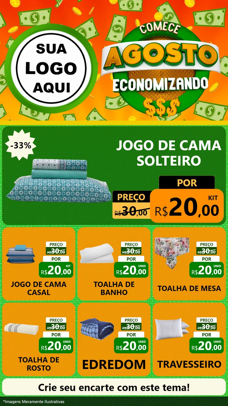 Modelo de Rede Social para Stories com o tema Comece Agosto Economizando para Cama, Mesa e Banho