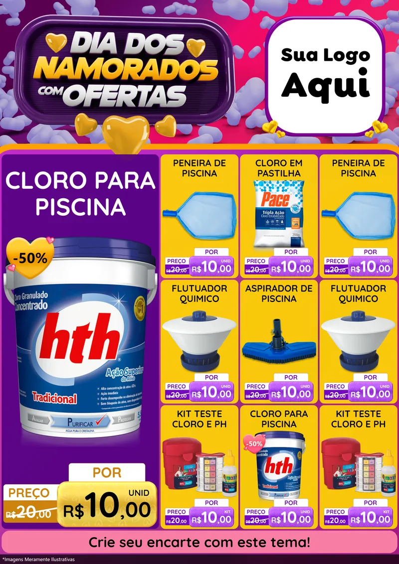 Modelo de Encarte para Encarte A4 Vertical com o tema Dia Dos Namorados Com Ofertas para Produtos para Piscina