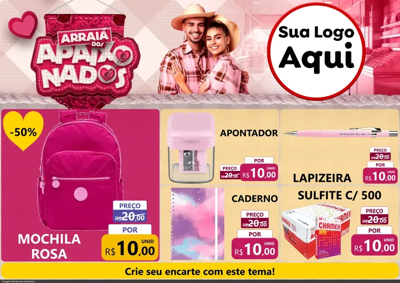 Modelo de Encarte para Encarte A4 Horizontal com o tema Arraiá dos Apaixonados - Junina para Papelaria