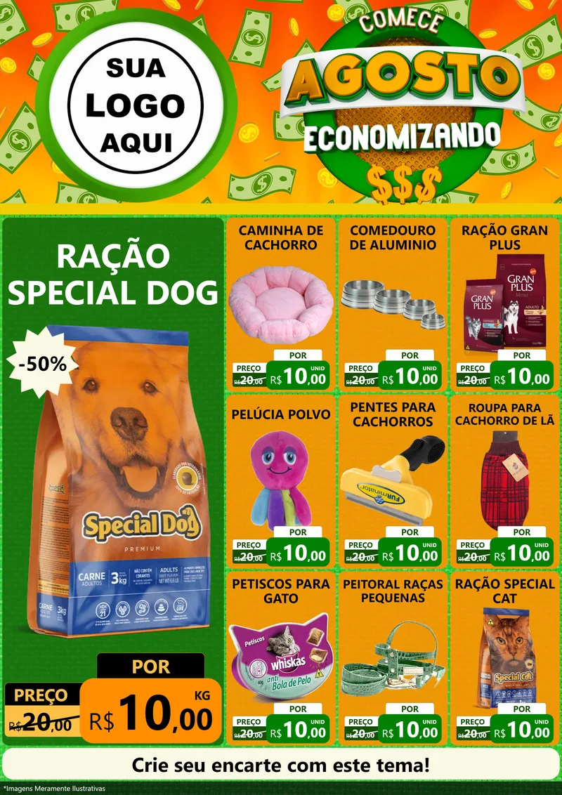 Modelo de Encarte para Encarte A4 Vertical com o tema Comece Agosto Economizando para Pet Shop