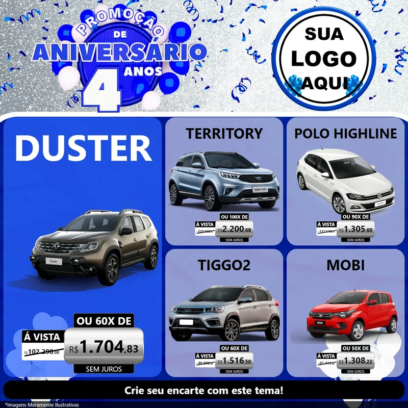 Modelo de Rede Social para Feed Facebook com o tema Promoção de Aniversário - 4 Anos para Concessionaria de Carros