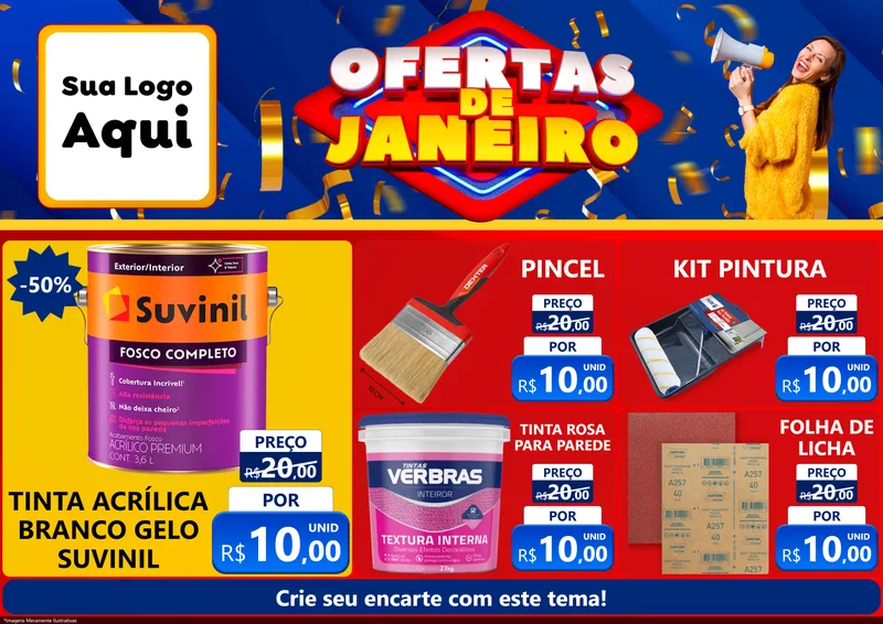 Modelo de Encarte para Encarte A4 Horizontal com o tema Ofertas de Janeiro para Tintas e Ferramentas