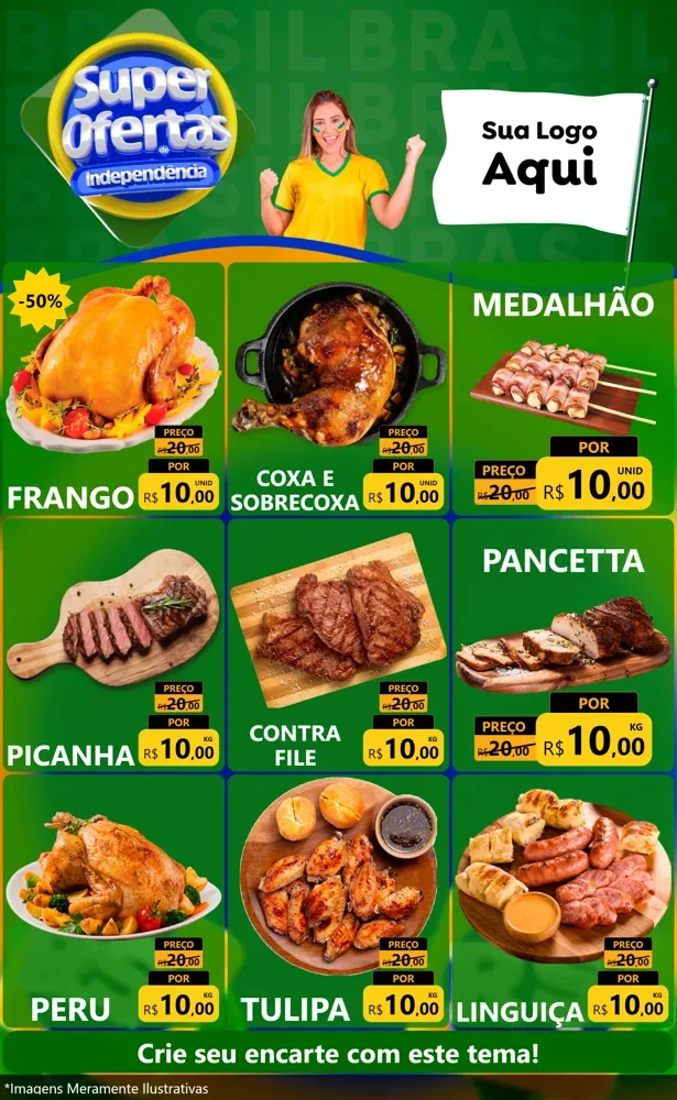 Modelo de Encarte para Encarte Grande com o tema Super Ofertas de Independência para Assados