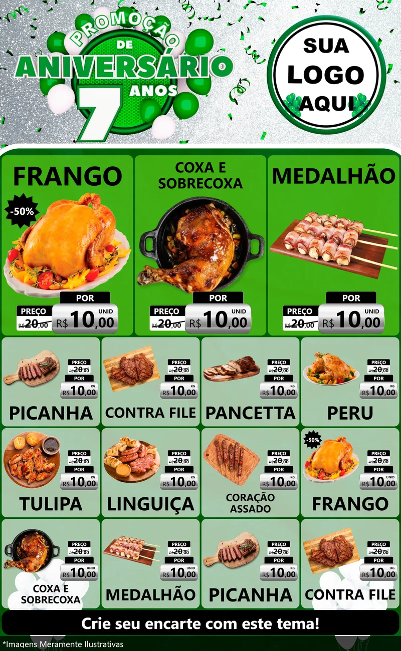Modelo de Encarte para Encarte Grande com o tema Promoção de Aniversário - 7 Anos para Assados