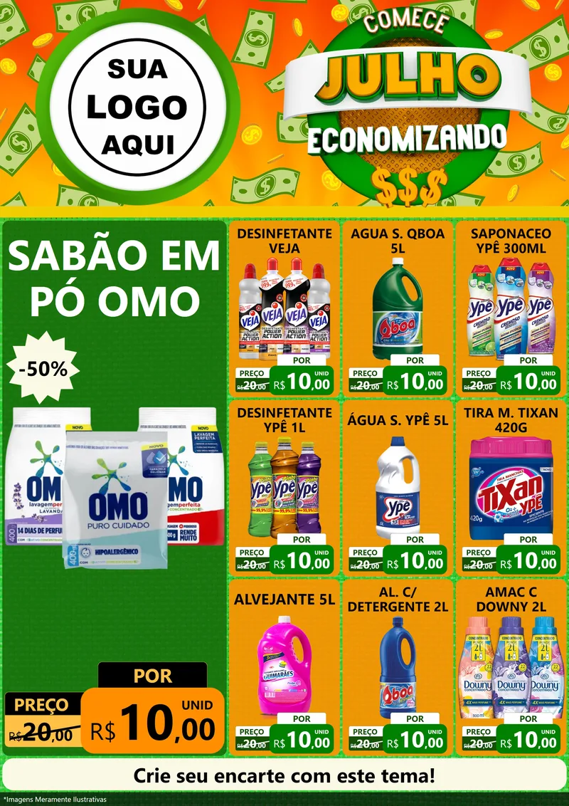 Modelo de Encarte para Encarte A4 Vertical com o tema Comece Julho Economizando para Produtos de Limpeza