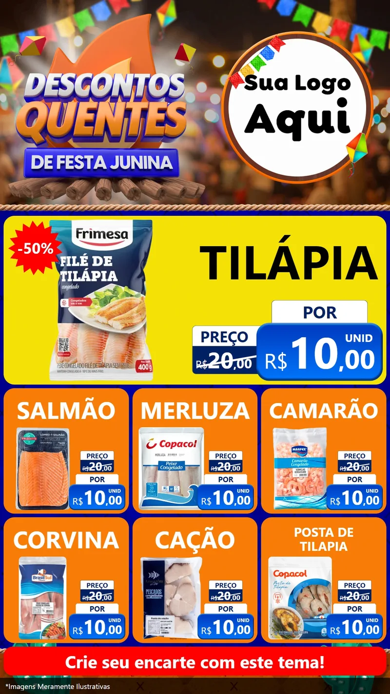 Modelo de Rede Social para Stories com o tema Descontos Quentes de Festa Junina para Peixaria