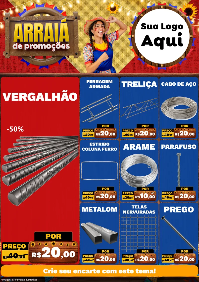 Modelo de Encarte para Encarte A4 Vertical com o tema Arraiá de Promoções para Ferragens