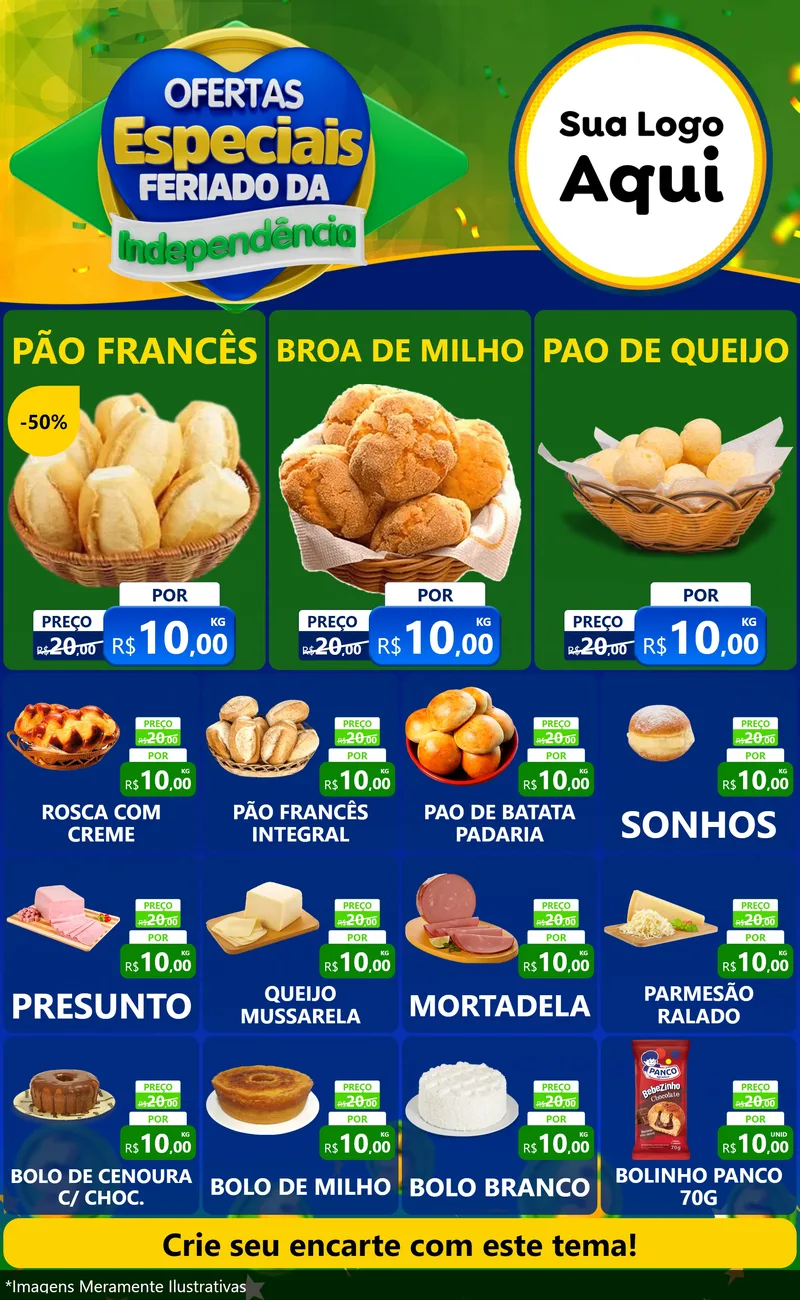 Modelo de Encarte para Encarte Grande com o tema Ofertas Especiais Feriado da Independência para Padaria