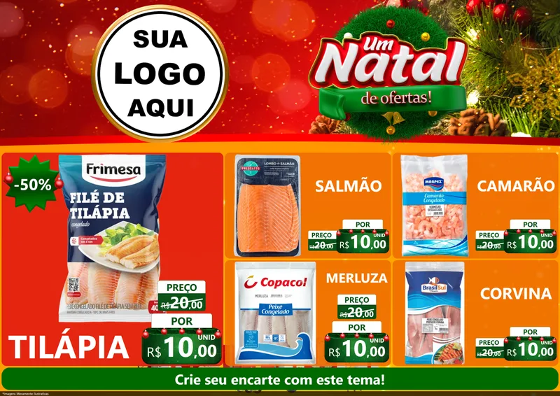 Modelo de Encarte para Encarte A4 Horizontal com o tema Um Natal de Ofertas para Peixaria