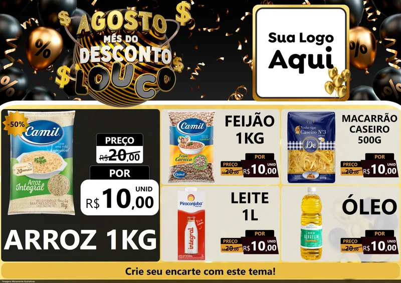 Modelo de Encarte para Encarte A4 Horizontal com o tema Agosto Mês do Desconto Louco para Supermercado