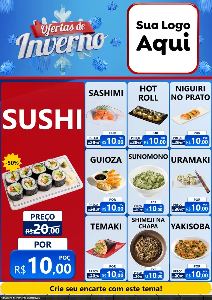 Modelo de Encarte para Encarte A4 Vertical com o tema Ofertas de Inverno para Comida japonesa