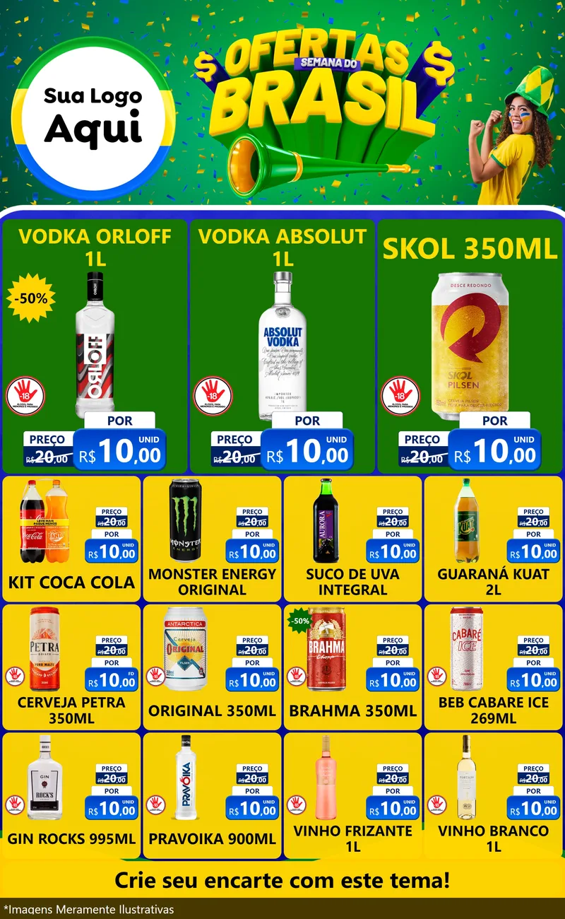 Modelo de Encarte para Encarte Grande com o tema Ofertas Semana do Brasil para Distribuidora de bebidas