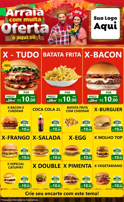 Modelo de Encarte para Encarte Grande com o tema Arraiá Com Muita Oferta - É Aqui Sô! para Hamburgueria