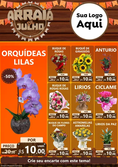 Modelo de Encarte para Encarte A4 Vertical com o tema Arraiá de Julho - Junina para Floricultura e jardim