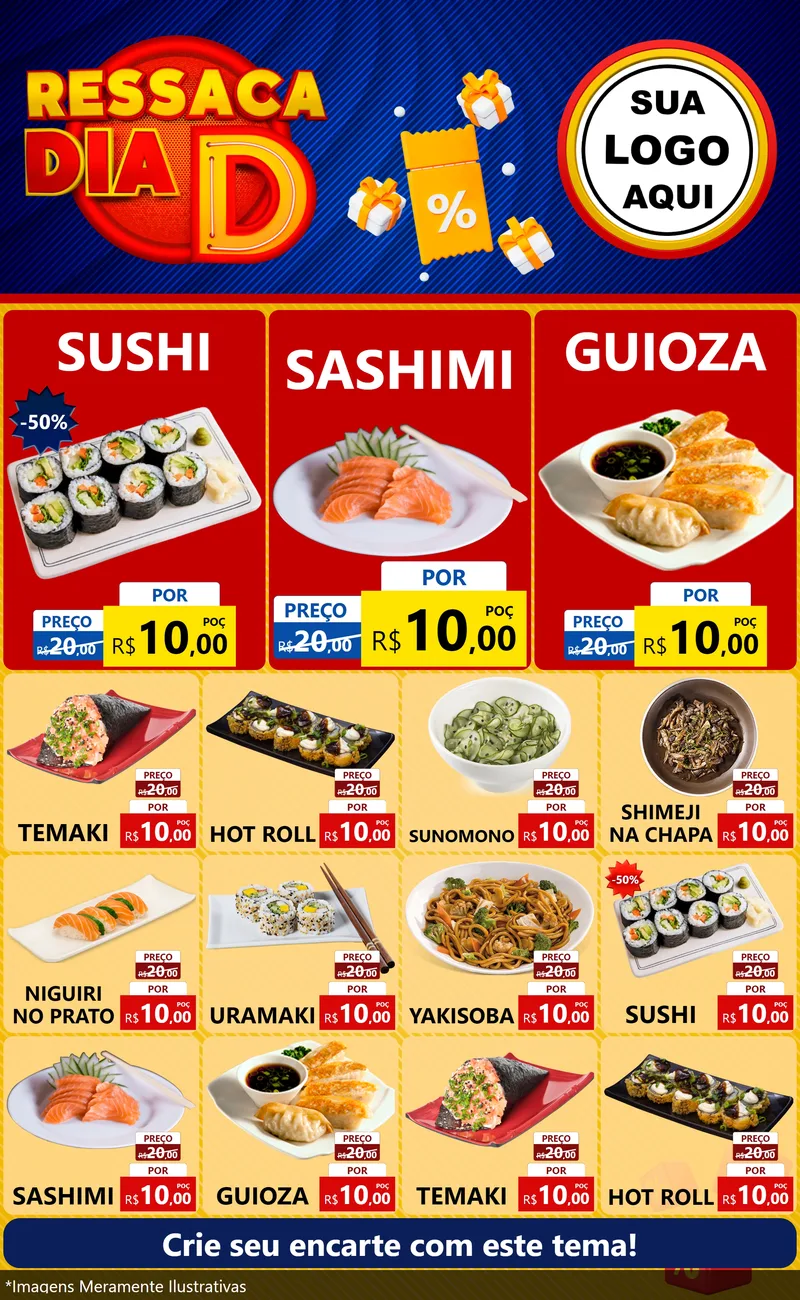 Modelo de Encarte para Encarte Grande com o tema Ressaca Dia D para Comida japonesa