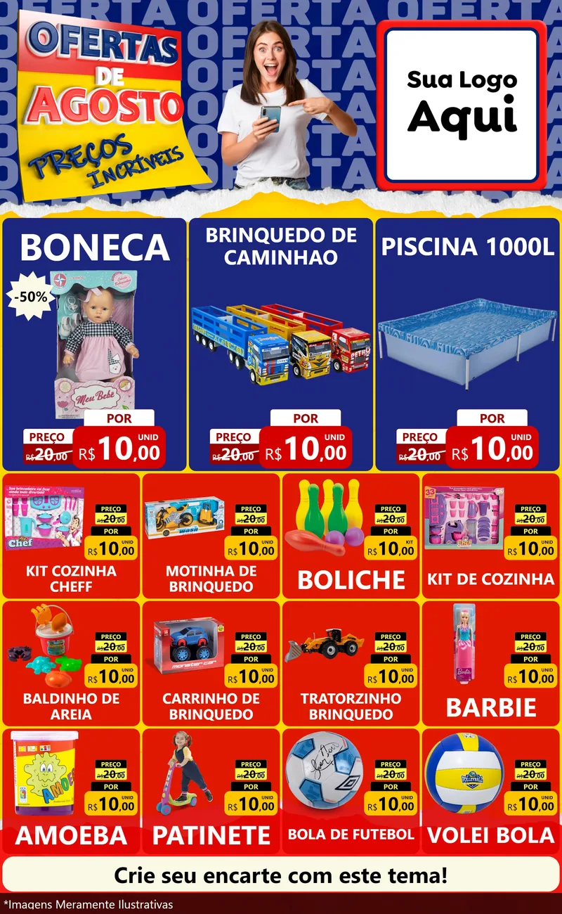 Modelo de Encarte para Encarte Grande com o tema Ofertas de Agosto - Preços Incríveis para Brinquedos