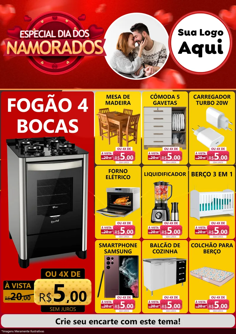Modelo de Encarte para Encarte A4 Vertical com o tema Especial Dia Dos Namorados para Móveis e Eletro