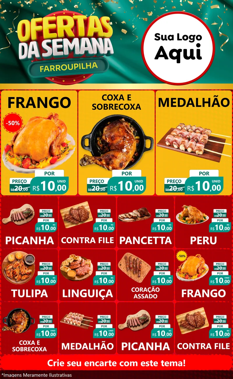 Modelo de Encarte para Encarte Grande com o tema Ofertas da Semana Farroupilha para Assados