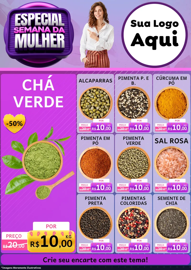 Modelo de Encarte para Encarte A4 Vertical com o tema Especial Semana da Mulher para Produtos Naturais
