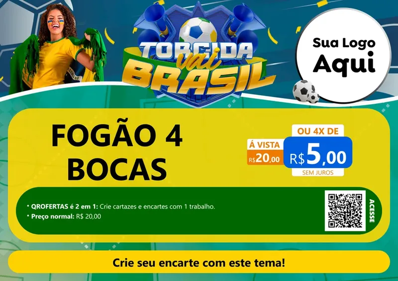Modelo de Cartaz para Cartaz A4 Horizontal com o tema Torcida Vai Brasil - Copa para Móveis e Eletro