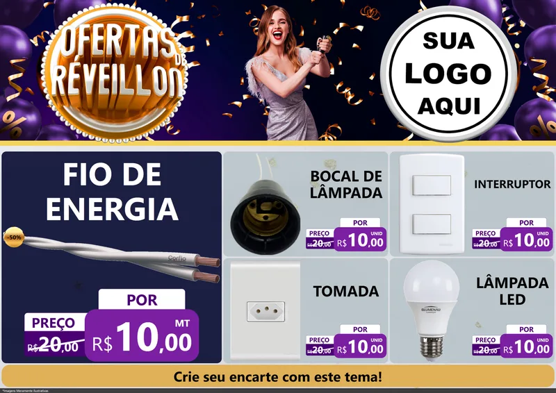 Modelo de Encarte para Encarte A4 Horizontal com o tema Ofertas de Réveillon para Materiais Elétricos