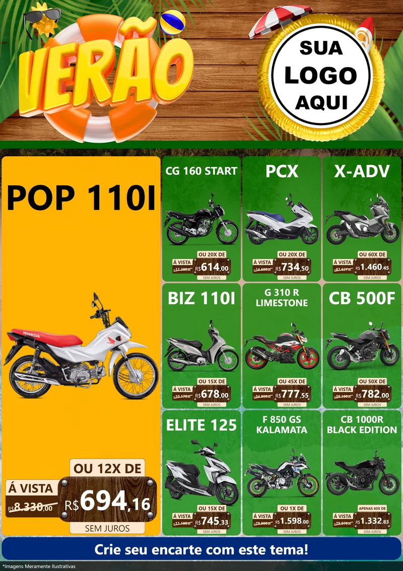Modelo de Encarte para Encarte A4 Vertical com o tema Verão para Concessionaria de Motos