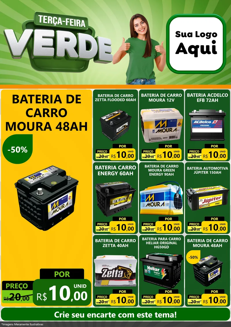 Modelo de Encarte para Encarte A4 Vertical com o tema Terça - Feira Verde para Baterias Elétricas