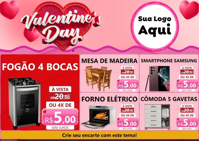 Modelo de Encarte para Encarte A4 Horizontal com o tema Valentine's Day para Móveis e Eletro