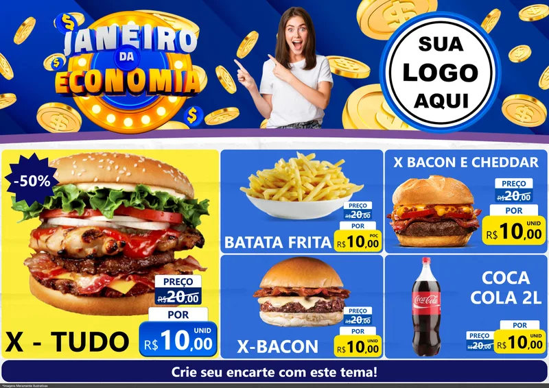 Modelo de Encarte para Encarte A4 Horizontal com o tema Janeiro da Economia para Hamburgueria