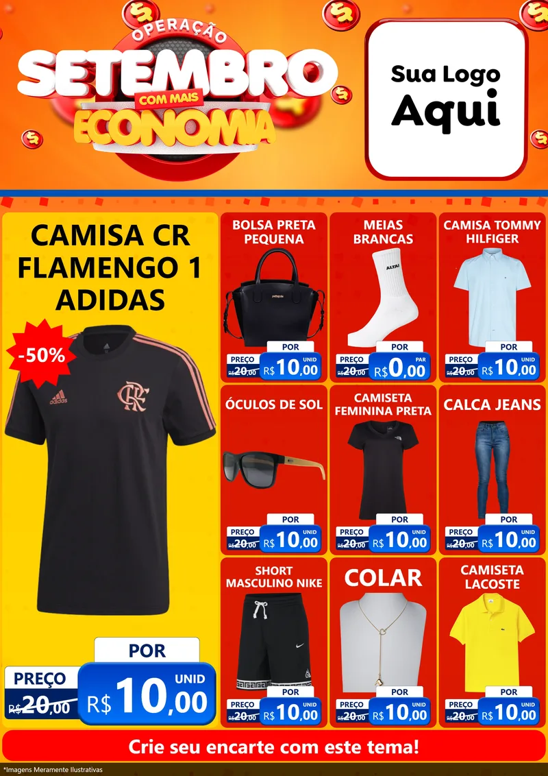 Modelo de Encarte para Encarte A4 Vertical com o tema Operação Setembro Com Muita Economia para Roupas e acessórios