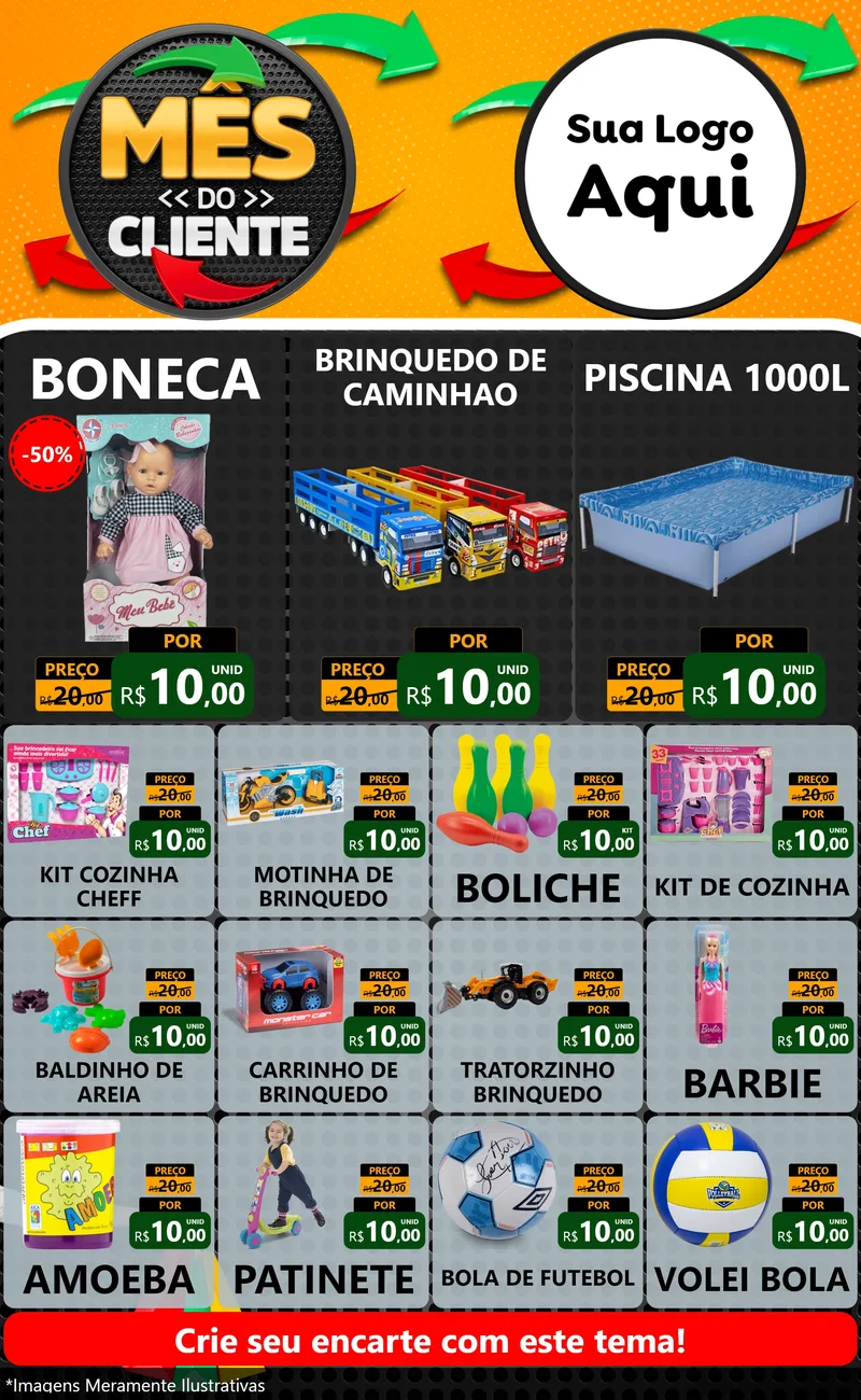 Modelo de Encarte para Encarte Grande com o tema Mês do Cliente para Brinquedos