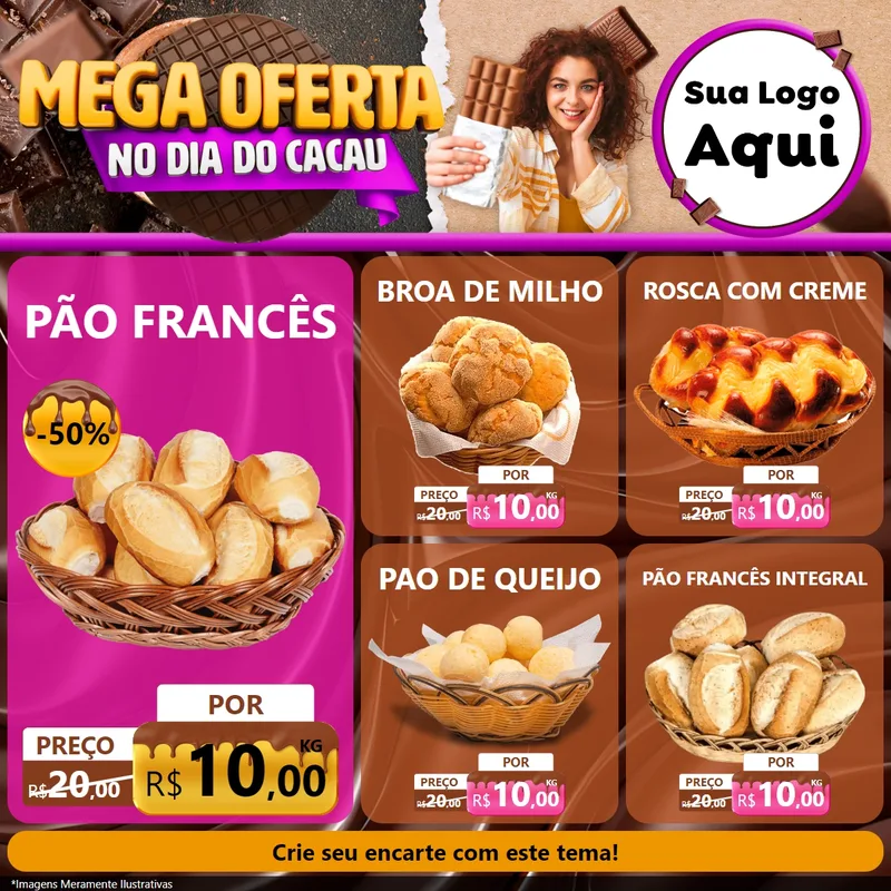 Modelo de Rede Social para Feed Facebook com o tema Mega Oferta no Dia do Cacau para Padaria