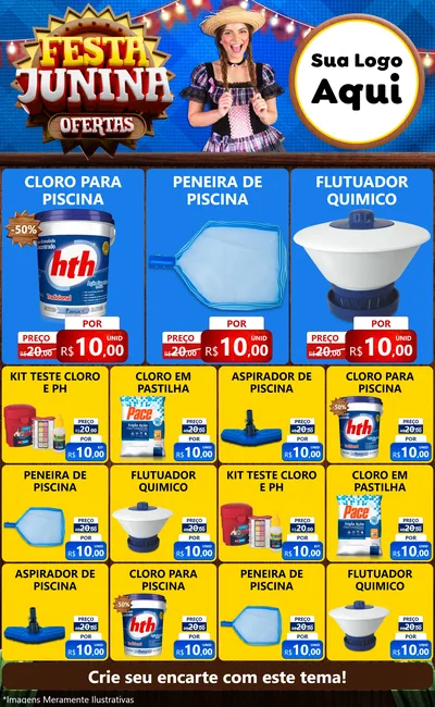 Modelo de Encarte para Encarte Grande com o tema Festa Junina Ofertas para Produtos para Piscina