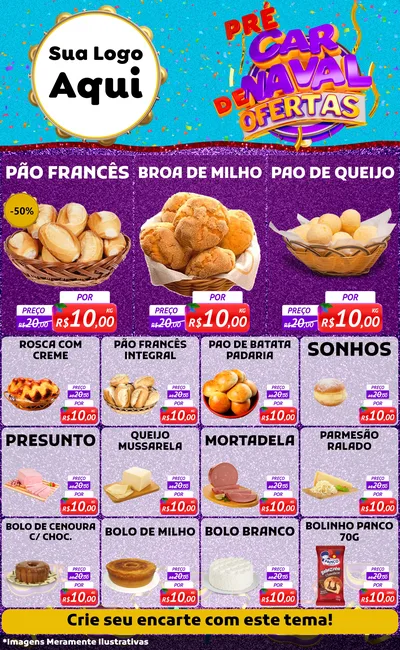 Modelo de Encarte para Encarte Grande com o tema Pré Carnaval de Ofertas para Padaria