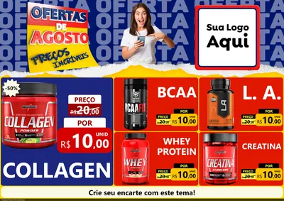 Modelo de Encarte para Encarte A4 Horizontal com o tema Ofertas de Agosto - Preços Incríveis para Suplementos alimentares