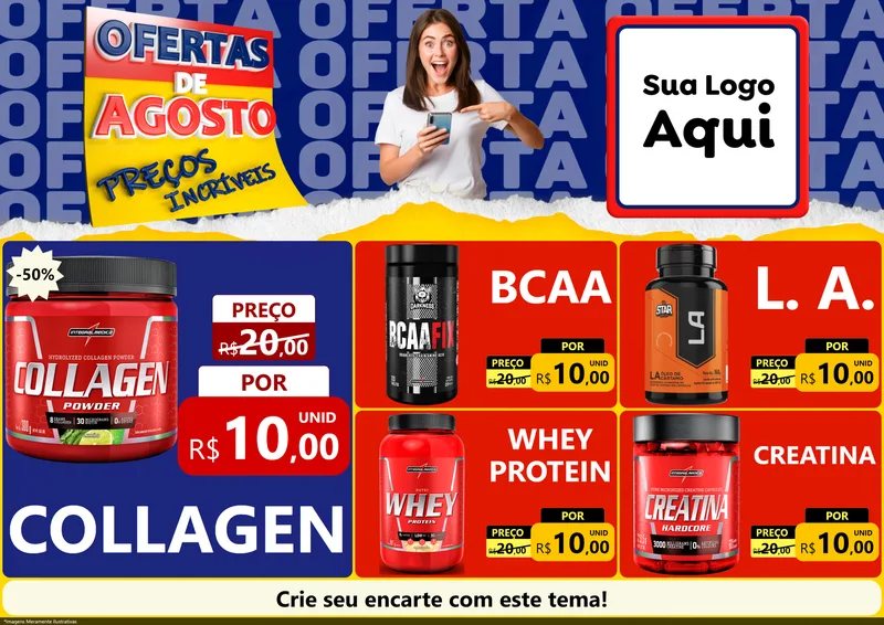 Modelo de Encarte para Encarte A4 Horizontal com o tema Ofertas de Agosto - Preços Incríveis para Suplementos alimentares