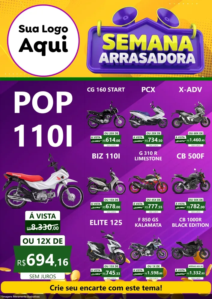 Modelo de Encarte para Encarte A4 Vertical com o tema Semana Arrasadora para Concessionaria de Motos