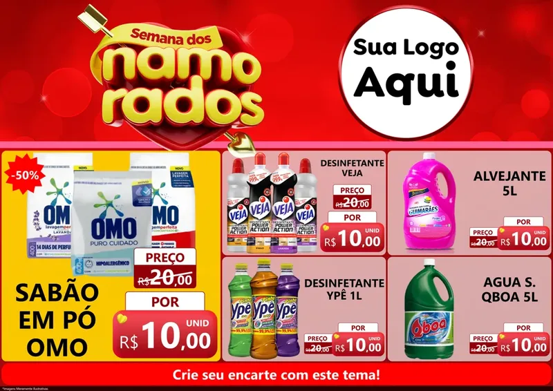 Modelo de Encarte para Encarte A4 Horizontal com o tema Semana dos namorados para Produtos de Limpeza