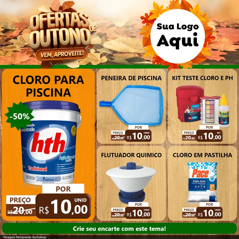 Modelo de Rede Social para Feed Facebook com o tema Ofertas de Outono - Vem, Aproveite! para Produtos para Piscina